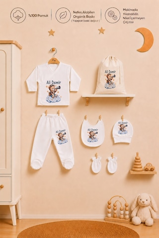 Pia Baby İsme Özel Erkek Bebek Hastane Çıkışı 6 Parça Zıbın Takımı Pamuk Organik Baskılı Erkek Bebek 1007zk0x Ekru