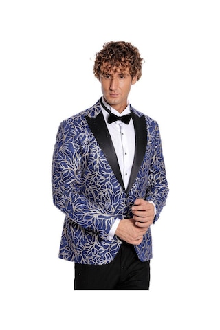 Wessi Işıltılı Sarmaşık Desenli Slim Fit Mavi Erkek Smokin Ceket Mavi