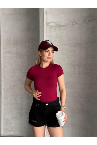 Kadın Basic Bisiklet Yaka Slim Fit Body Kısa Kol Günlük Body Bordo
