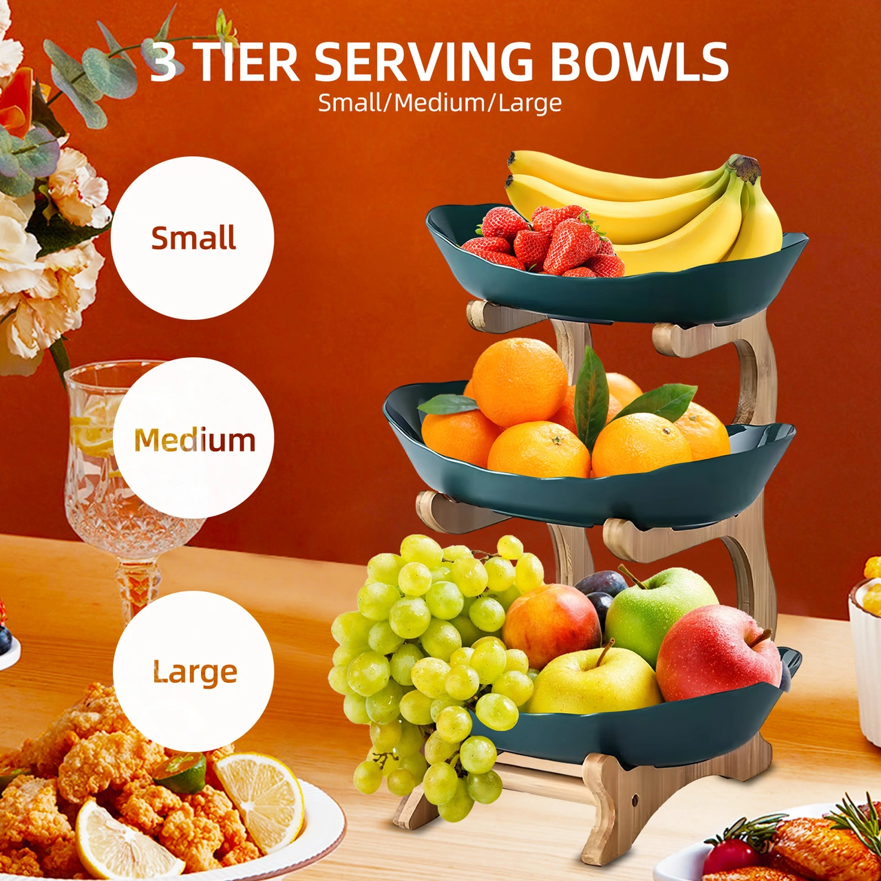 Geeksen Koyu Yeşil 3 Katlı Bambü Plastik Mutfak Sepeti - Meyve, Atıştırmalık, Tatlı Serim Panosu - Oturma Odası, Çay Masası Dekoratif Sunum Rafı Koyu Yeşil