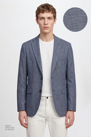 Altınyıldız Classıcs Erkek Mavı Yünlü Slim Fit Dar Kesim Mono Yaka Kapak Cepli Armürlü Blazer Ceket Mavi