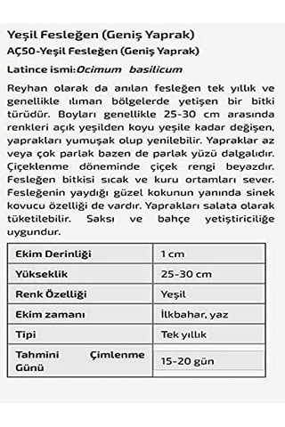 Agrodal Tarım Yeşil Fesleğen Geniş Yaprak Çiçeği Tohumu 1000 Adet Tohum