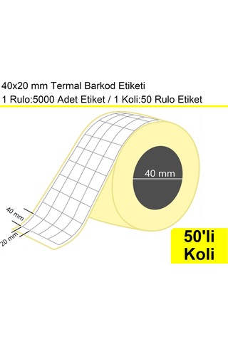 40x20 Mm Termal 4'lü Ürün Barkod Etiketi 1 Rulo:5000 Adet / En:20 Mm Boy:40 Mm / Yan Yana 4'lü Sarım 50