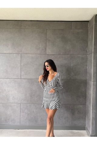 Cojans Kadın Uzun Kollu Kruvaze Yaka Kazayağı Mikro Mini Boy Elbise Karışık