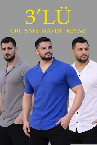 Tarzyeri Erkek Waffle Kumaş Yakalı Kısa Kol Düğmeli Gömlek 3 Lü Set Gri-saks Mavisi-beyaz