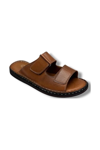 Cakgo 182-26 Hakiki Deri Ultra Soft Çift Bant Cırtlı Anatomik Erkek Terlik 40-47 Taba