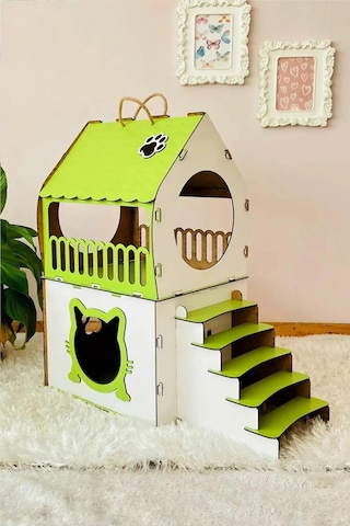 Dekoratif Ahşap Kedi Evi Teraslı 2 Katlı Merdivenli Kedi Evi 70 x 40 x 75 CM