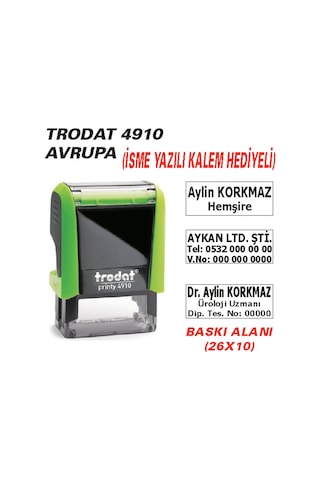 4910 Trodat Yeşil - İsim Ünvan Kaşesi - İsim Yazılı Kalem Hediyeli Çok Renkli