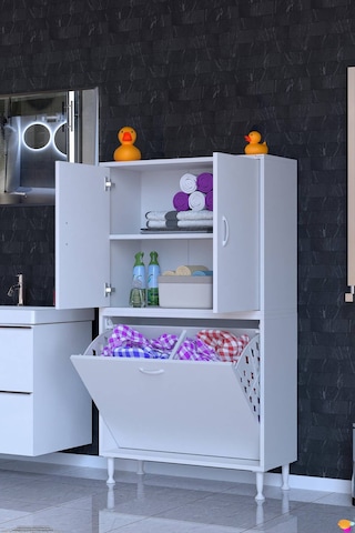 Deniz Kirli Sepetli Ve Kapaklı Raflı, Çok Amaçlı Banyo Dolabı - 80 X 138 X 32,5 Cm 80 Cm
