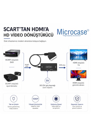 Microcase Scart Giriş Hdmı Çıkış Tak Çalıştır Dönüştürücü Full Hd Görüntü Adaptörü Al5764 Siyah