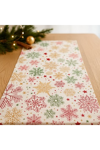 Yılbaşı Temalı Masa Runner I Krem Zeminli, Renkli Kar Tanesi Desenli 40x140 Cm Bej - Krem