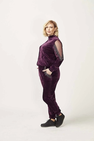 1950 Kolları Taşlı Tam Kalıp Tarz Kadife Büyük Beden Eşofman Takım Mürdüm Mürdüm