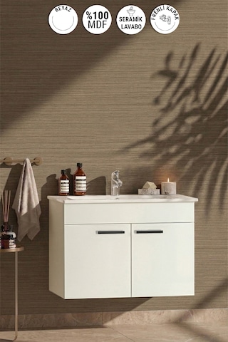 Özceden Petunya 80 Cm Beyaz Mdf Seramik Lavabolu Asma Banyo Alt Dolabı