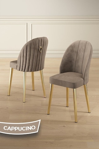 Canisa Pem Serisi 90x160 Lak Panel Antrasit İroni Gold Ayak Masa Takımı 6 Cappucino Sandalye Siyah Mermer Desen Masa Sandalyeler Cappucino