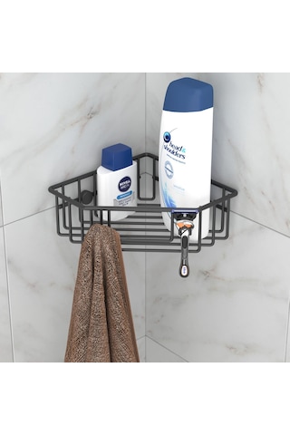 Teknotel Tek Katlı Kancalı Banyo Köşe Rafı Siyah Es091