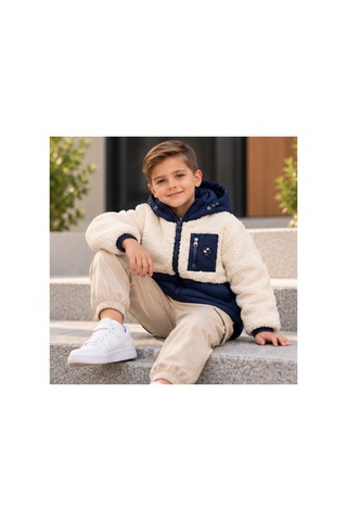 Maxx Kleın Erkek Çocuk Lacivert Kapüşonlu Peluş Görünümlü Mont Fermuarlı Cepli, İki Renkli Günlük Kışlık Çocuk Montu 12-18 Ay, 2-3-4-6-8 Yaş