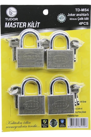 Tudor Td-ms4 Master 4pcs Joker Anahtarlı Tek Anahtarla 4 Kilit Aç 60mm - Gri Kısa Kancalı Çelik Asma Kilit Tudor Td-ms4 Master 4pcs Joker Anahtarlı Tek Anahtarla 4 Kilit Aç 60mm - Gri Kısa Kancalı Çelik Asma Kilit