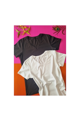 Demirsa Boutique Yarım Kol V Yaka 2'li Siyah Ve Beyaz Renk Modal Kadın Atlet T-shirt Siyah-beyaz