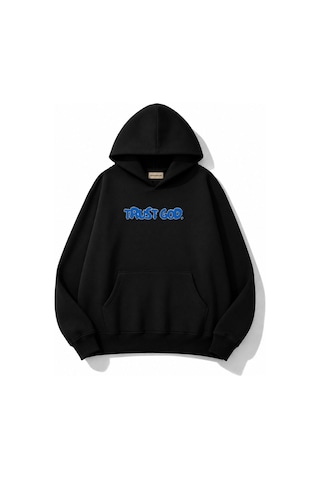 Herkesemoda Trust God Baskılı Kanguru Cepli Oversize Sweatshirt Siyah