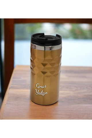 Kişiye Özel Baskılı Geometrik Desenli Gold Altın Renk Termos Bardak 300ml