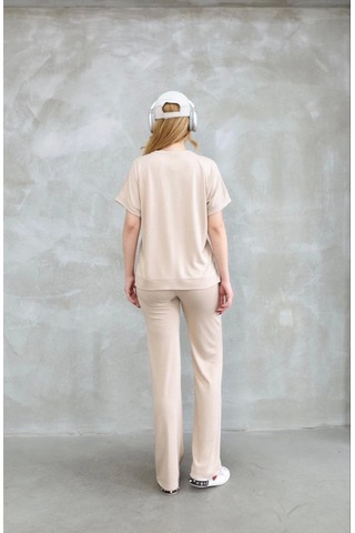 Ge Ticaret Osy Modal Yumuşak Dokulu Kumaş Bisiklet Yaka Kısa Kollu Takım - Bej Bej