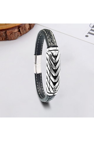 Casera's Zincir Motifli Çelik Ve Deri Erkek Bileklik Csr2221051