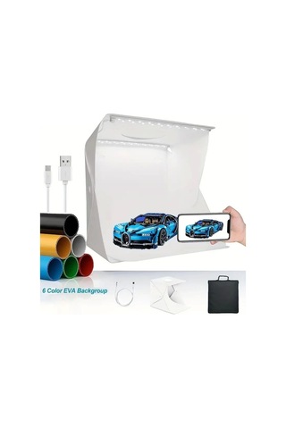 Katlanır Işıklı Fotoğraf Stüdyosu 40x40 Cm 6 Renk Fonlu Ürün Çekimi İçin Uygun Fotoğraf Çekim Kutusu Çok Renkli