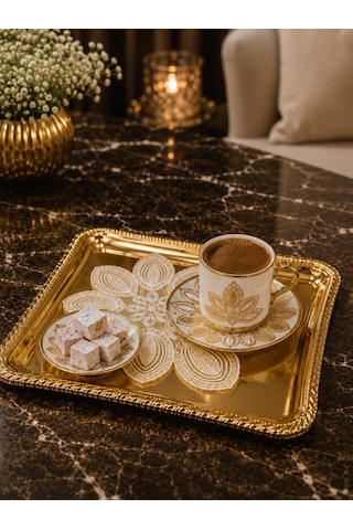 Premium Gold Tepsi Gold Detay Metal Sunum Seti Altın - Gül