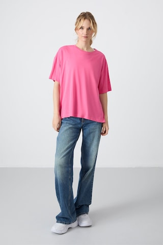 Tommy Life Şeker Pembe Penye Modal Yumuşak Tuşeli Oversize Fit Basic Kadın T-shirt- 97285 Şeker Pembe