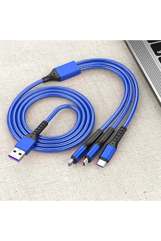 Hasır, 3 İn 1, Şarj Kablosu, Lightning & Micro Usb, Type-c, Ios, - Mavi