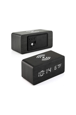 Gajeena Ahşap Akıllı Dijital Alarm Saati: Kablosuz Şarj, Sıcaklık Göstergesi - Siyah Ahşap Beyaz Harf