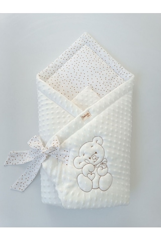 Nohut Bebek Battaniyesi & Kundağı Ayıcık İşlemeli Hastane Çıkışı Yenidoğan Örtü / Yorgan Ekru