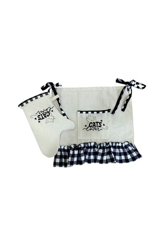 Kedi Lover Nakışlı, Fırfırlı, Buldan Keten Fırın Önlüğü Örtüsü