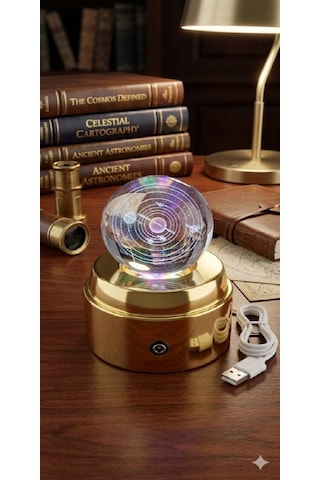 Mobgift 360 Derece Dönen Sarı Led Işıklı Gold Standlı Usb'li Kristal Gezegenler Cam Küre Çok Renkli