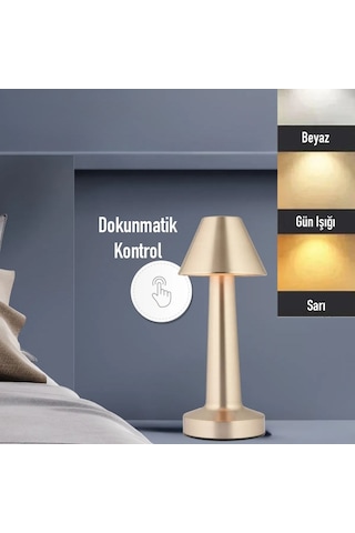 Mcg Çatı Model Gold Renk Şarjlı Dokunmatik 3 Renkli Led Masa Lambası