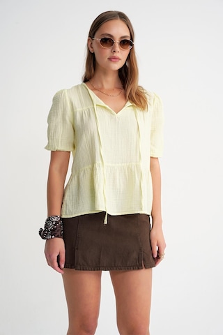 4715 Kadın Yakası Bağlamalı Kısa Kol Müslin Bluz Sarı Sari
