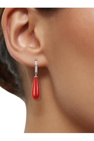 Şık Ve Zarif 925 Ayar Uzun Drop Mercan Taşlı Gümüş Küpe