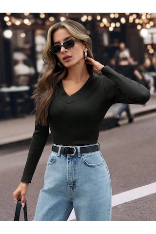 V Yaka Kaşkorse Bluz Siyah W3817 Siyah