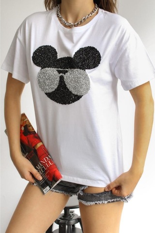 Femelle Kadın Yeni Sezon Bisiklet Yaka Pamuklu T-shirt Beyaz