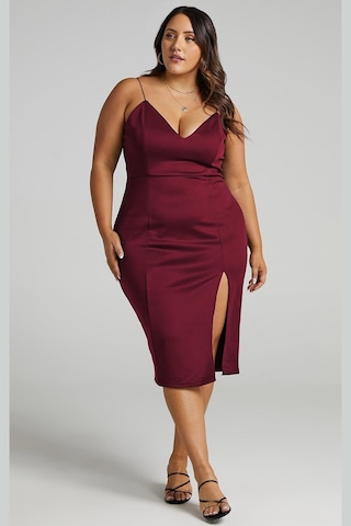 Madmext Bordo V Yaka Yırtmaçlı Saten Elbise Mg1742-bordo Bordo