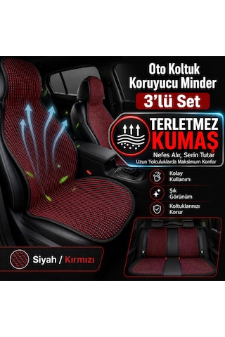 Oto Koltuk Koruyucu Minder 3 Lü Set Terletmez Kumaş Ön 2 Arka 1 Parça Siyah - Kırmızı