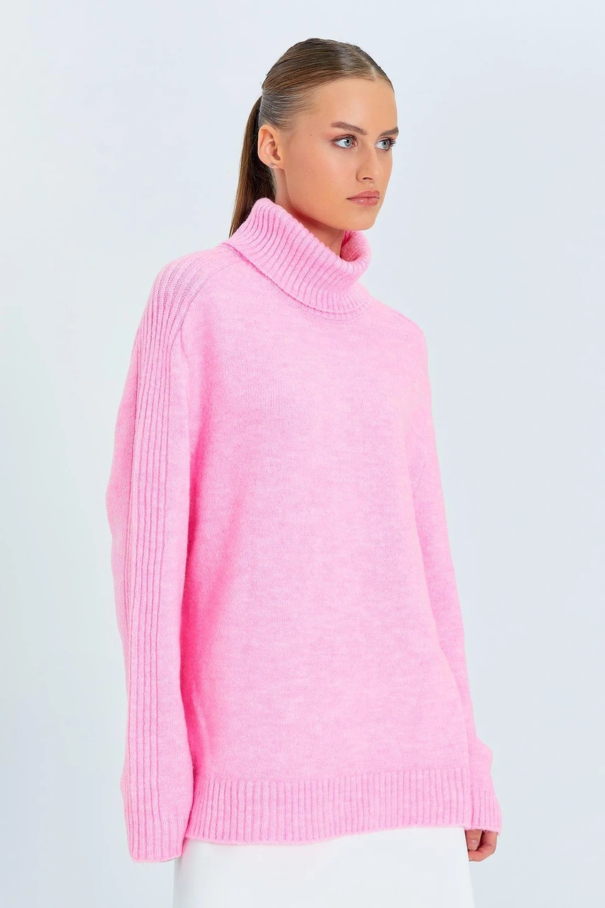 Mixray 6907 Kadın Fitil Detaylı Triko Kazak Pembe