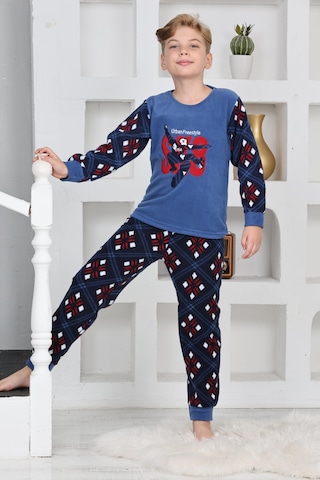 Yeni Sezon Sonbahar/kış Erkek Çocuk Skate 8 Desenli Polar Pijama Takımı 4536 Mavi