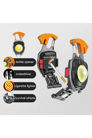 Or-5147 Fonksiyonlu Tornavida Düdük Şişe Açacağı Ateş Yakıcı Çakmak Mıknatıslı Type-c Şarjlı Anahtarlık Fener Çok Renkli