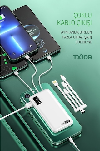 Powerway TX109 10.000 mAh Kablolu Dijital Göstergeli Dahili Stand Powerbank Beyaz