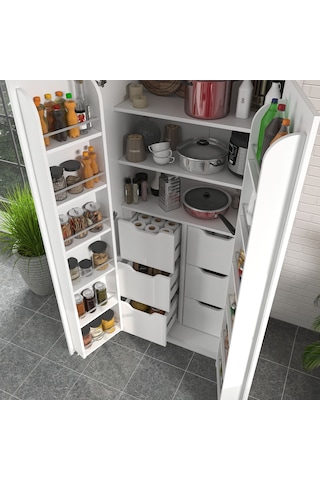 90 Derece Açılabilir 2 Kapaklı, 6 Çekmeceli, Kavanoz Raflı Kiler Ve Erzak Mutfak Dolabı Beyaz