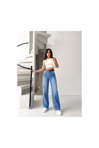 Kene Jeans Mavi İşlemli Kemerli Likralı Bol Paça Denim Pantolon Mavi İşlemli