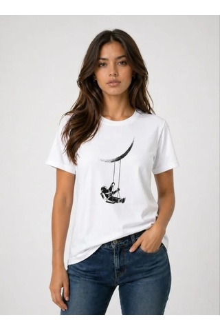 Defymoda Astronot Ay Temalı Tişört Kısa Kol Yazlık Bisiklet Yaka T-shirt - Beyaz