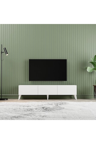1240 Eva 3 Kapaklı Kulpsuz 150 Cm Ayaklı Tv Ünitesi Beyaz