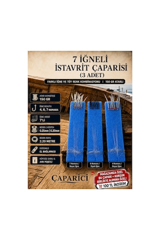 7 İğneli İstavrit Çaparisi 3 Adet Farklı İğne Farklı Tüy Renk